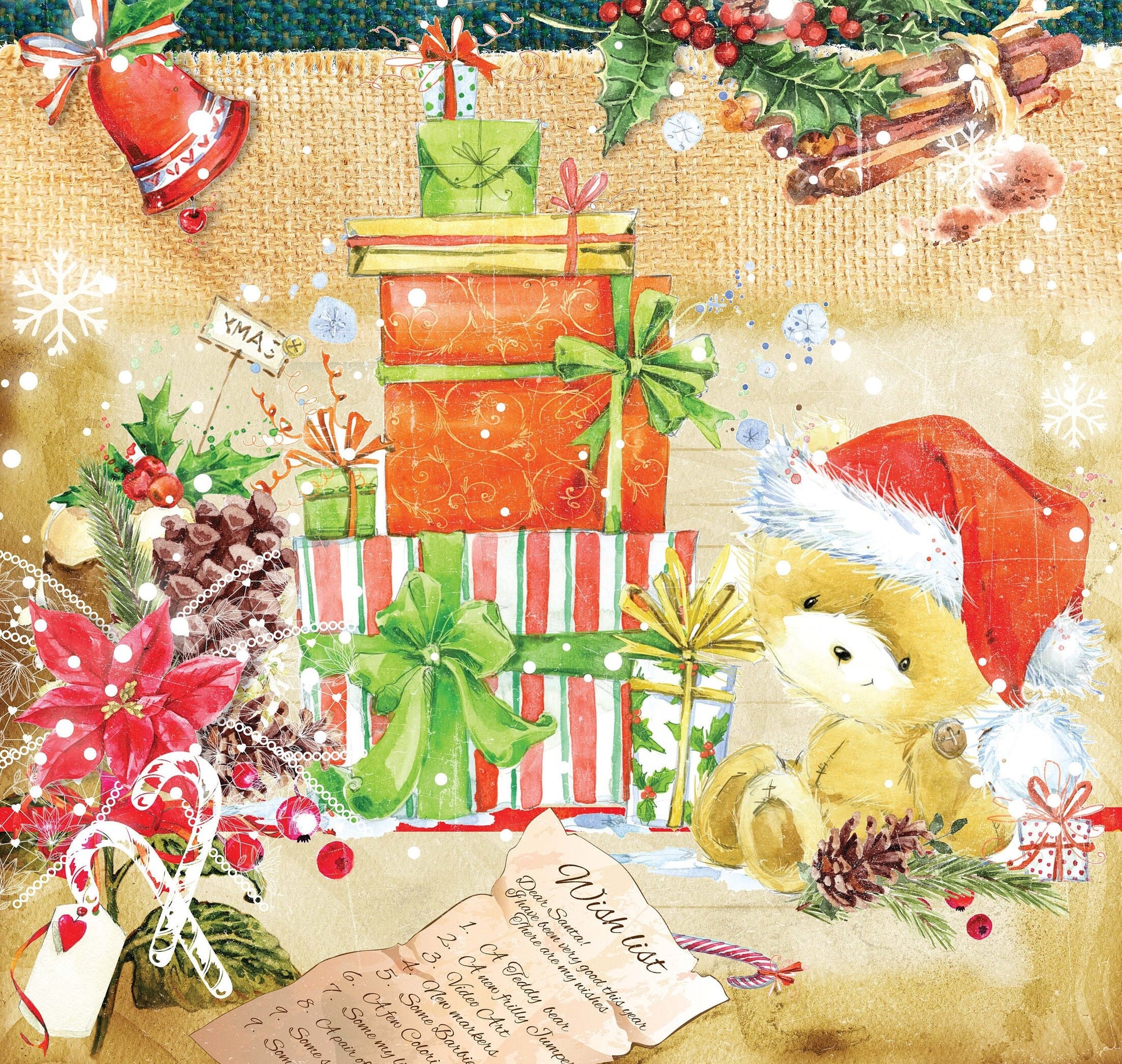 Merry Christmas - Candle - Gift Box - Bell - Teddy Bear - Decorative Christmas Paper - Decoupage for Furniture - Large Size Options