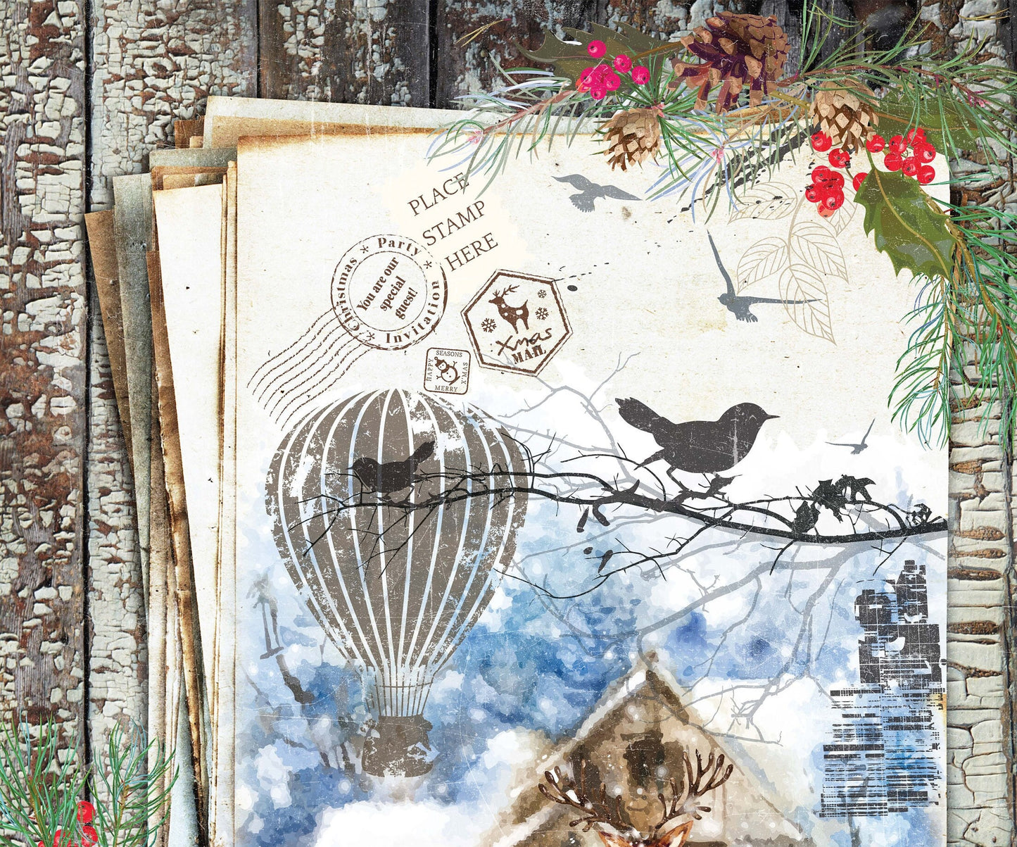 Merry Christmas - Bell - Deer - Decorative Christmas Paper - Decoupage for Furniture - Large Size Options