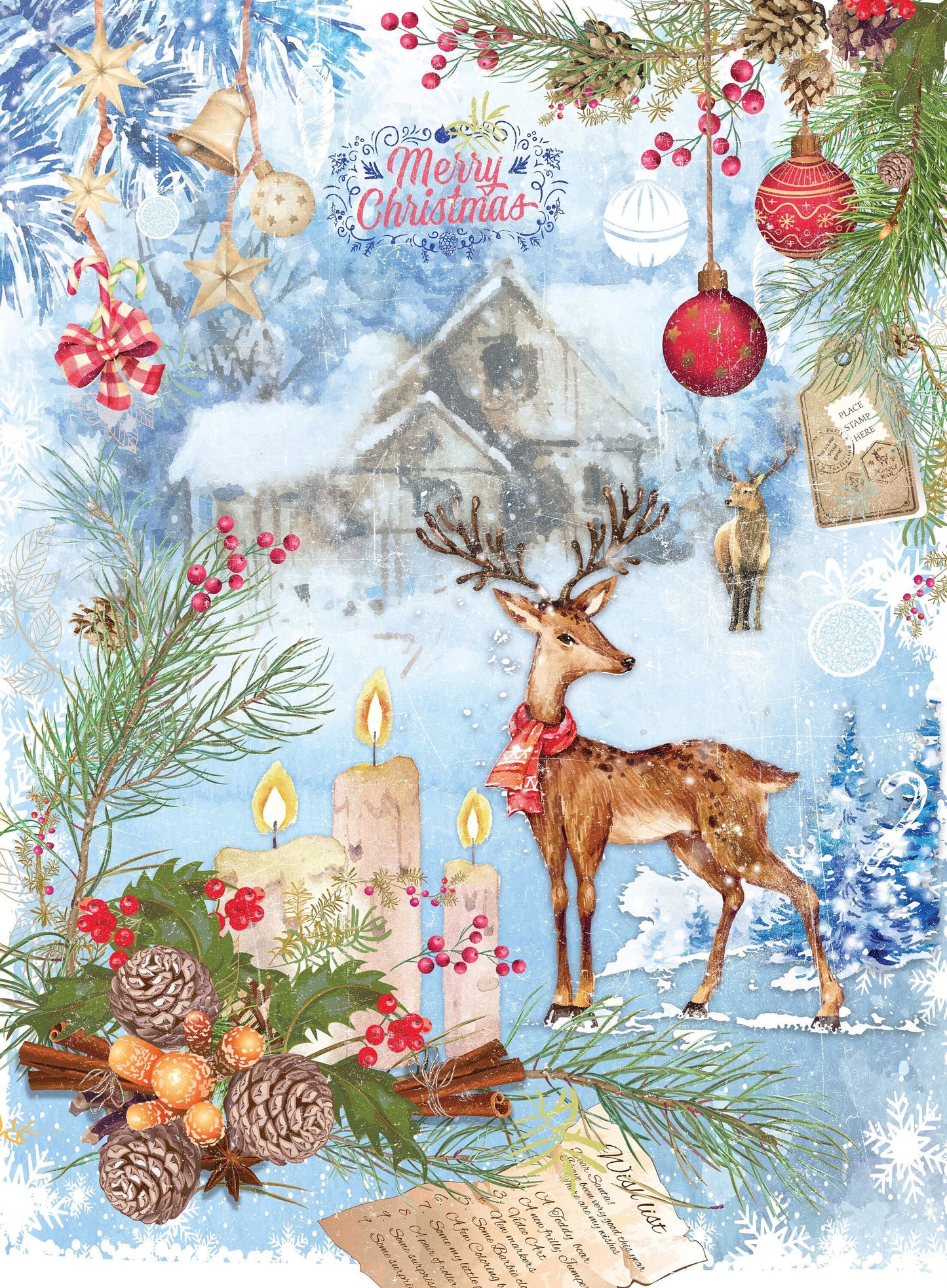 Merry Christmas - Bell - Deer - Candle - Decorative Christmas Paper - Decoupage for Furniture - Large Size Options