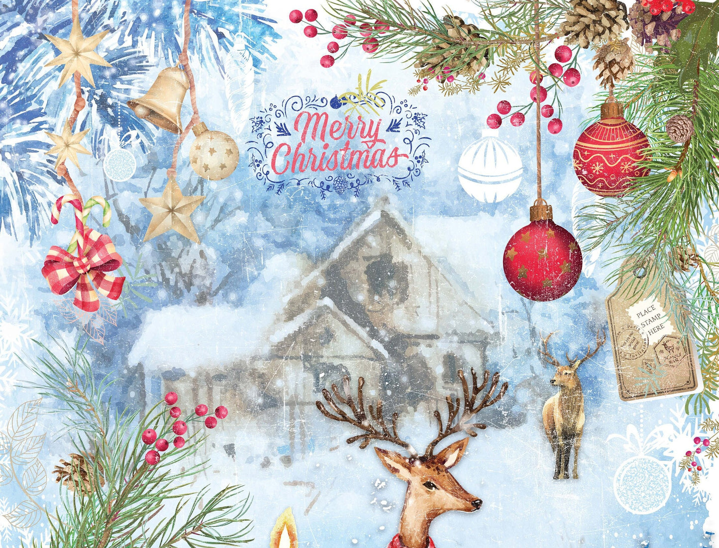 Merry Christmas - Bell - Deer - Candle - Decorative Christmas Paper - Decoupage for Furniture - Large Size Options
