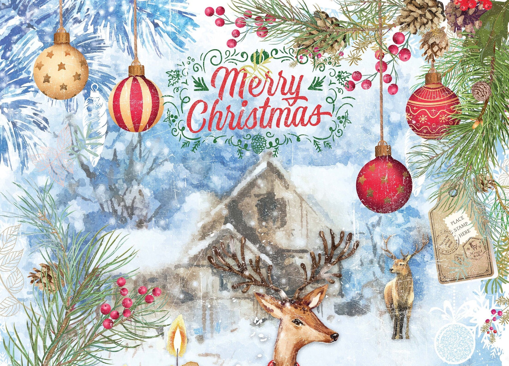 Merry Christmas - Bell - Deer - Candle - Decorative Christmas Paper - Decoupage for Furniture - Large Size Options