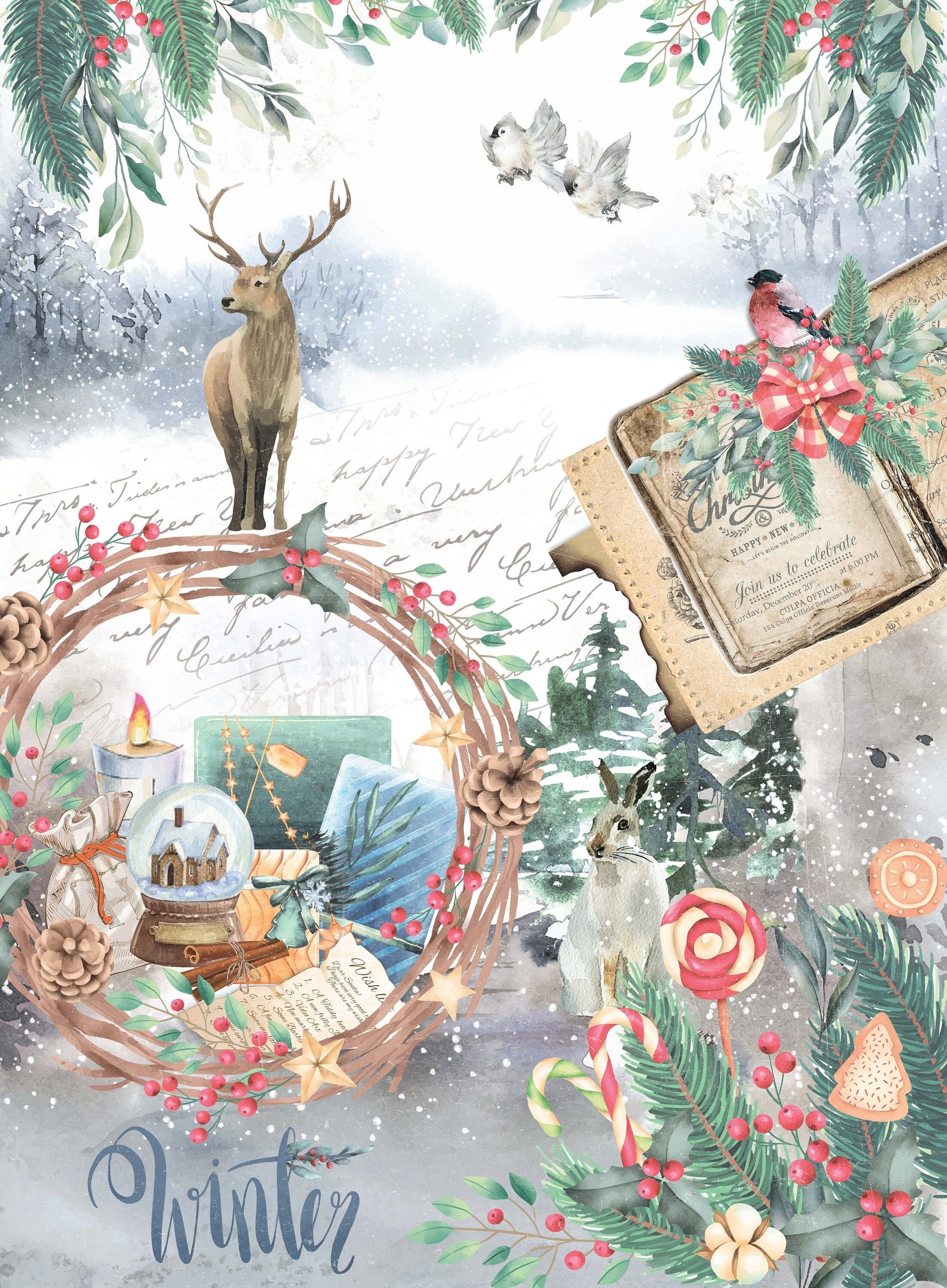 Christmas - Winter Deer - Book - Bird - Decorative Christmas Paper - Decoupage for Furniture - Large Size Options