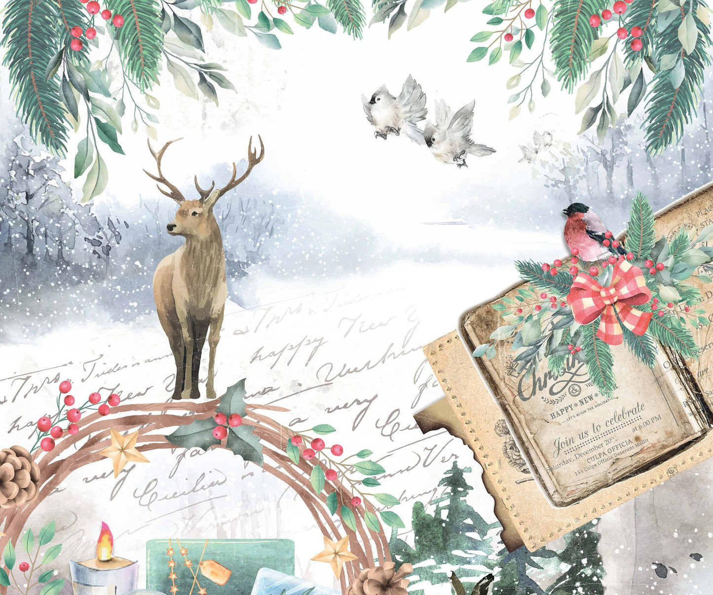 Christmas - Winter Deer - Book - Bird - Decorative Christmas Paper - Decoupage for Furniture - Large Size Options