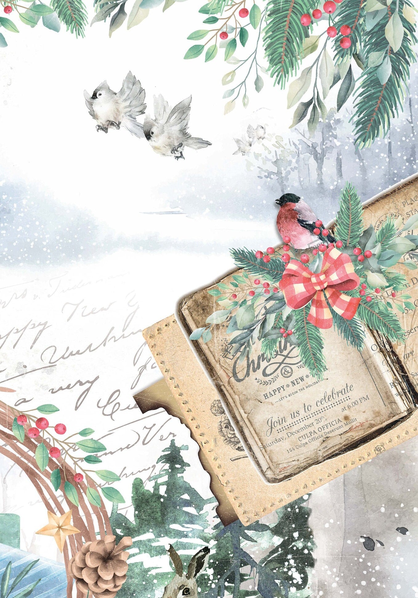 Christmas - Winter Deer - Book - Bird - Decorative Christmas Paper - Decoupage for Furniture - Large Size Options