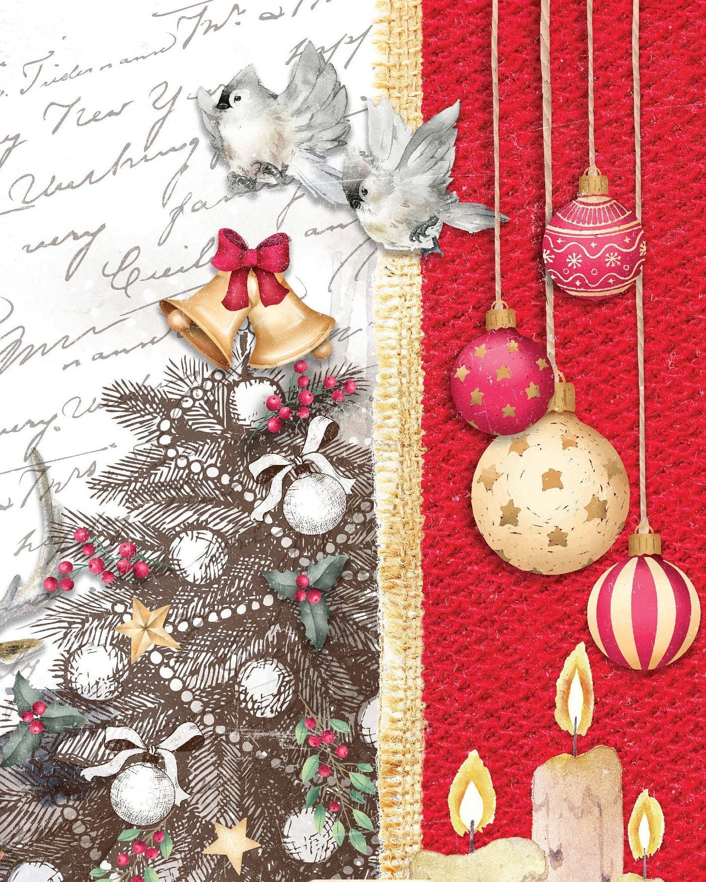 Christmas - Winter Deer - Book - Bird - Tree - Decorative Christmas Paper - Decoupage for Furniture - Large Size Options