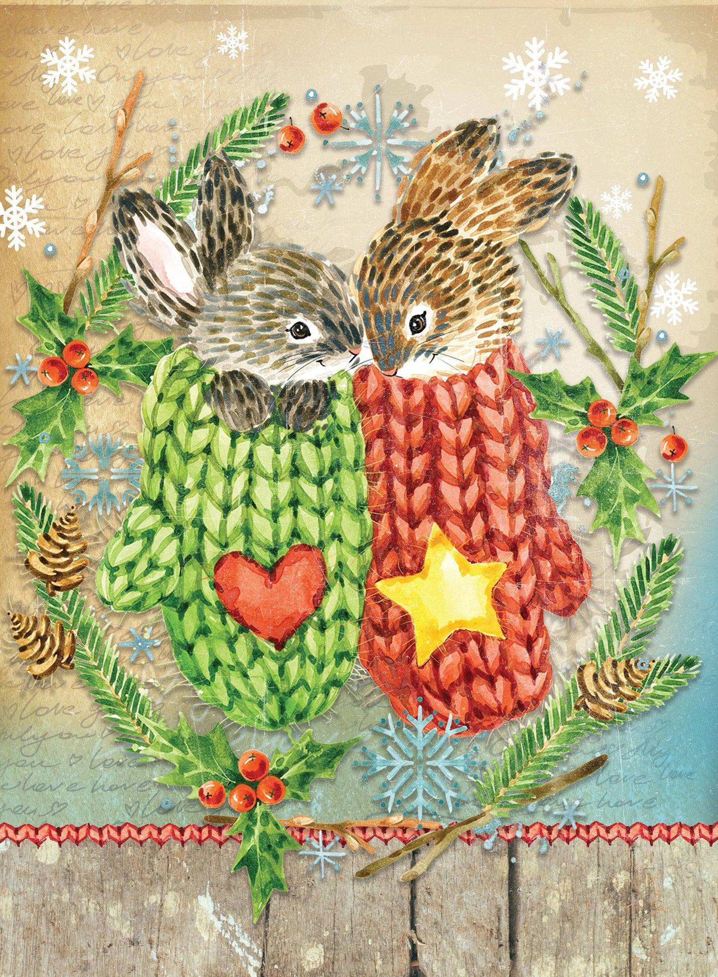 Lovely Rabbits - Merry Christmas - Decorative Christmas Paper - Decoupage for Furniture - Large Size Options