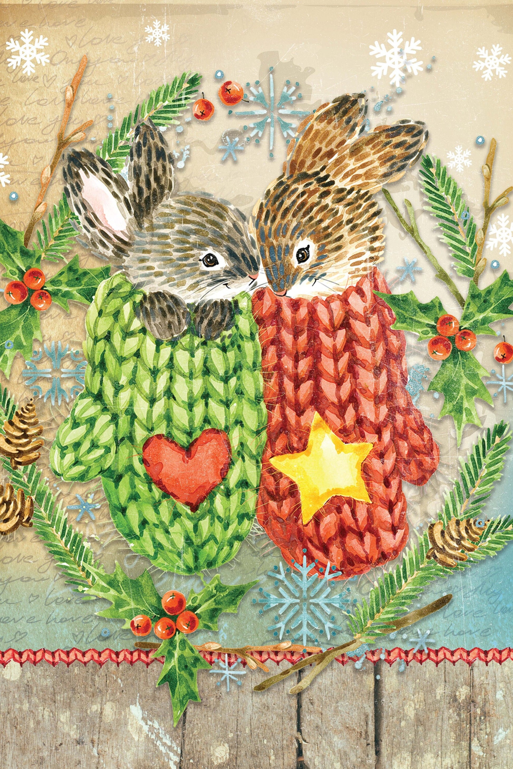 Lovely Rabbits - Merry Christmas - Decorative Christmas Paper - Decoupage for Furniture - Large Size Options