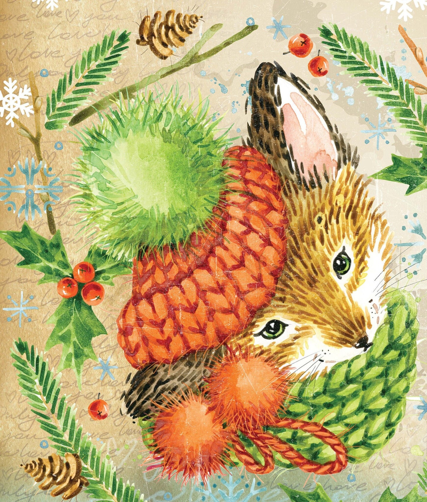 Lovely Fox - Merry Christmas - Decorative Christmas Paper - Decoupage for Furniture - Large Size Rice Paper for Decoupage