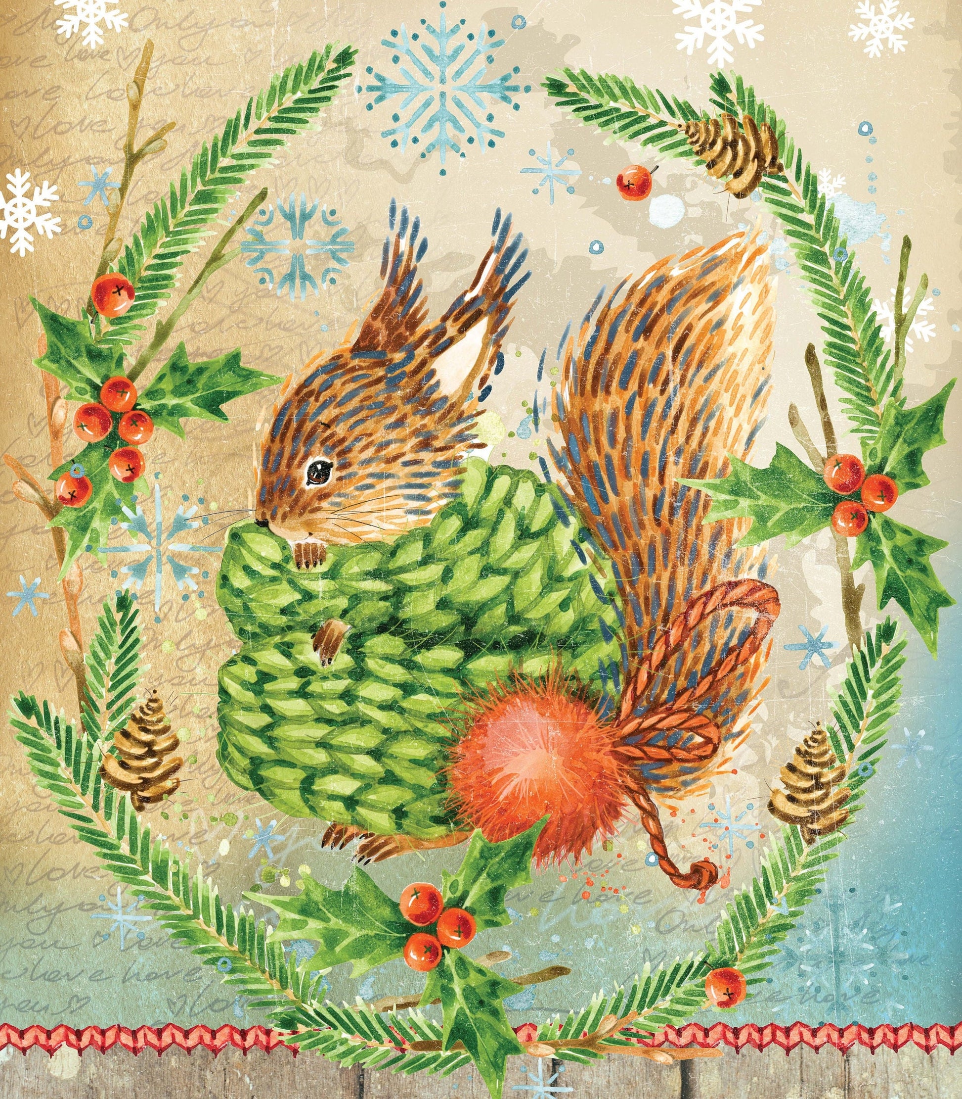 Lovely Baby Squirrel - Merry Christmas - Decorative Christmas Paper - Decoupage for Furniture - Large Size Rice Paper for Decoupage