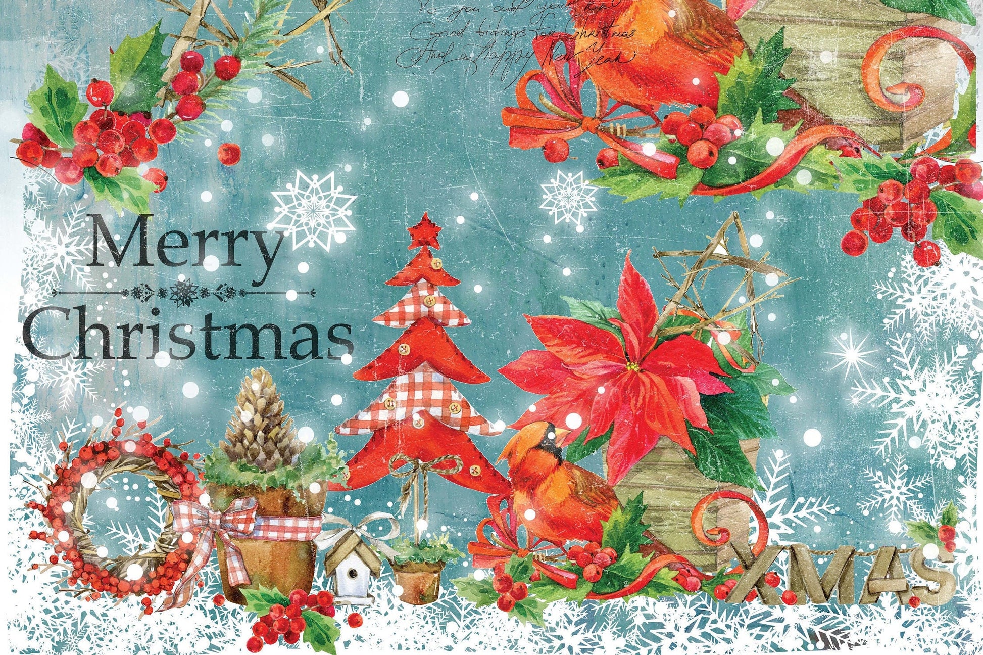 Lovely Birds - Merry Christmas - Decorative Christmas Paper - Decoupage for Furniture - Large Size Rice Paper for Decoupage