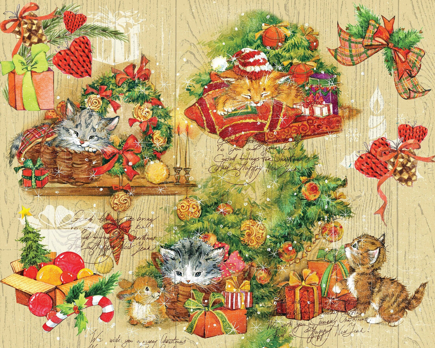 Lovely Kitten - Vintage Merry Christmas - Decorative Christmas Paper - Decoupage for Furniture - Large Size Rice Paper for Decoupage