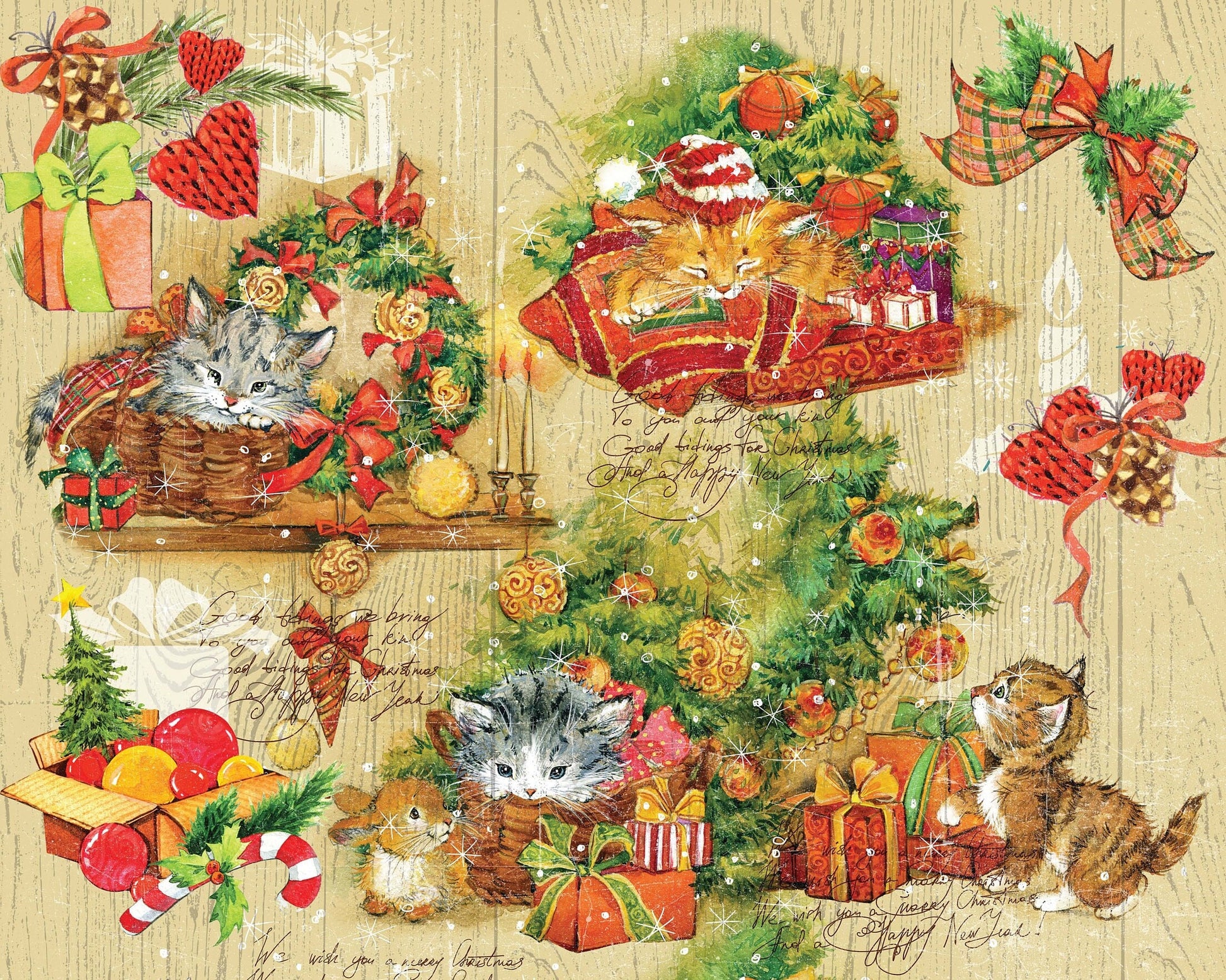 Lovely Kitten - Vintage Merry Christmas - Decorative Christmas Paper - Decoupage for Furniture - Large Size Rice Paper for Decoupage