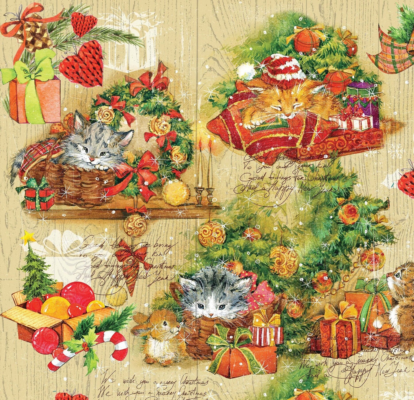 Lovely Kitten - Vintage Merry Christmas - Decorative Christmas Paper - Decoupage for Furniture - Large Size Rice Paper for Decoupage