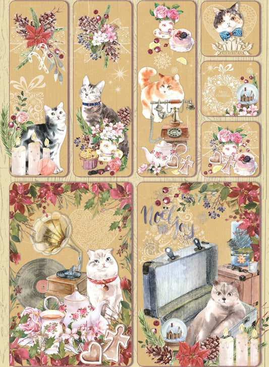 Lovely Cat - Vintage Merry Christmas - Decorative Christmas Paper - Decoupage for Furniture - Large Size Rice Paper for Decoupage