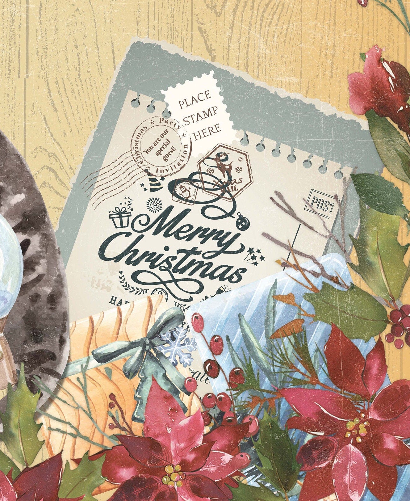 Lovely Cat - Vintage Merry Christmas - Decorative Christmas Paper - Decoupage for Furniture - Large Size Rice Paper for Decoupage