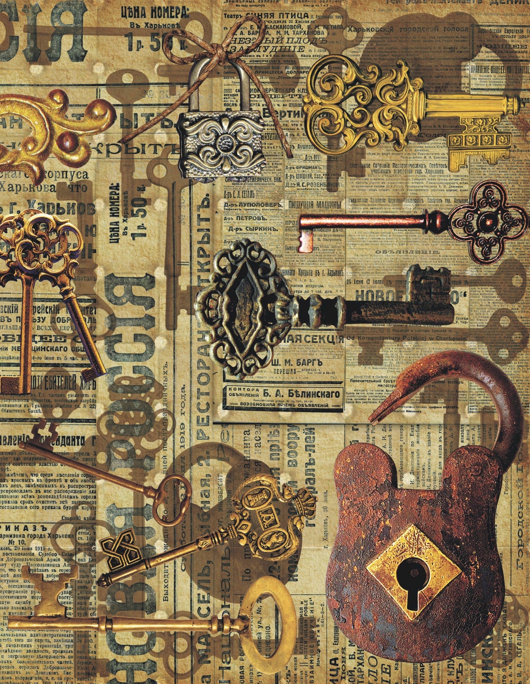Keys - Vintage Decoupage Art - Rice Paper - Decoupage for Furniture - Large Size Rice Paper for Decoupage