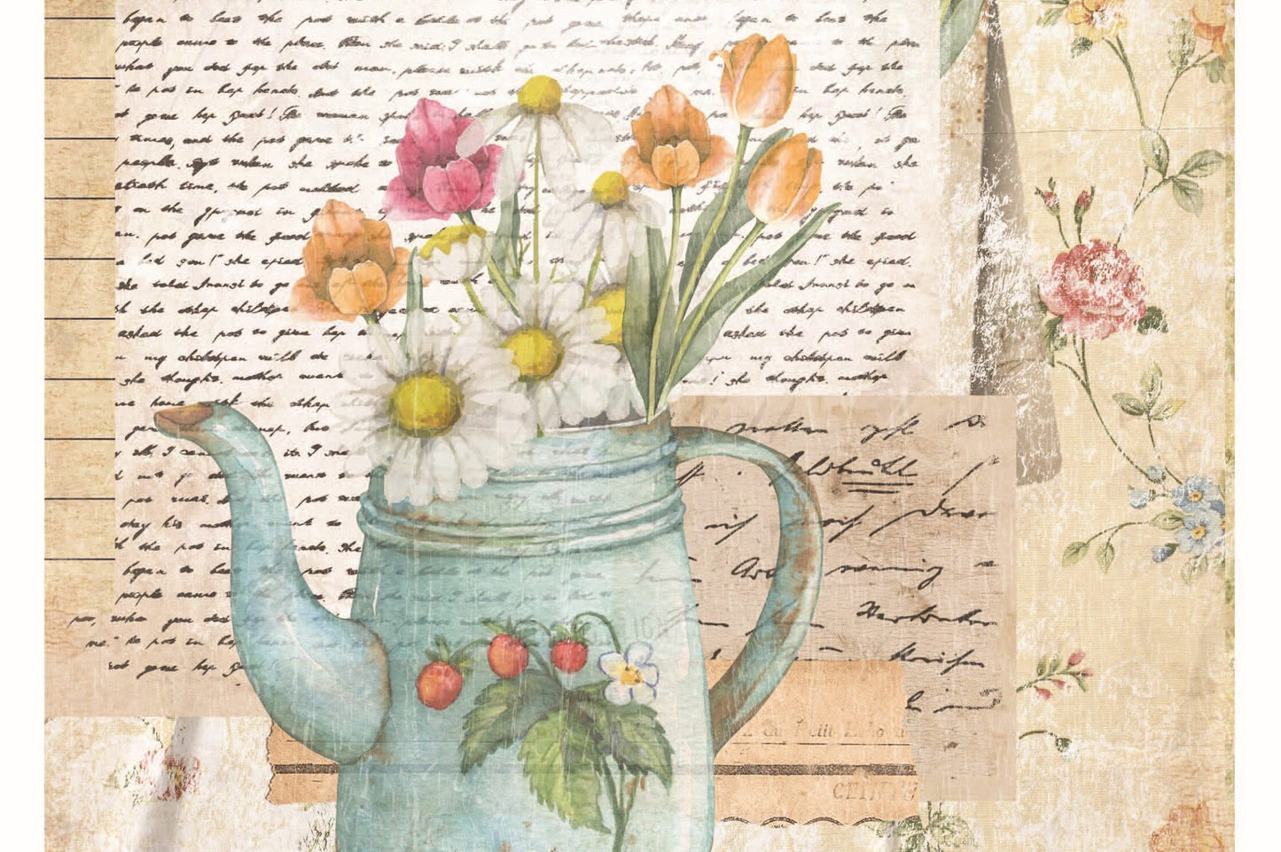 Handwritten Old Paper - Floral Decoupage - Decoupage Art - Large Size Rice Paper for Decoupage - Decoupage Crafts