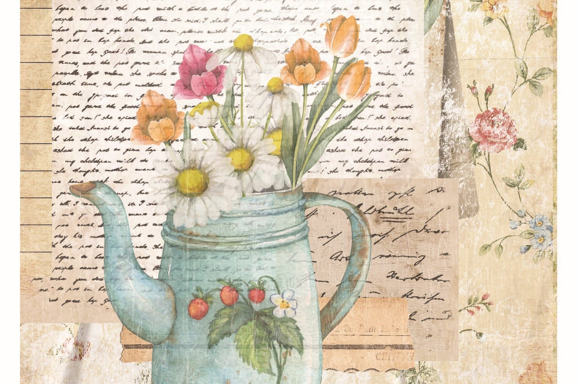 Handwritten Old Paper - Floral Decoupage - Decoupage Art - Large Size Rice Paper for Decoupage - Decoupage Crafts