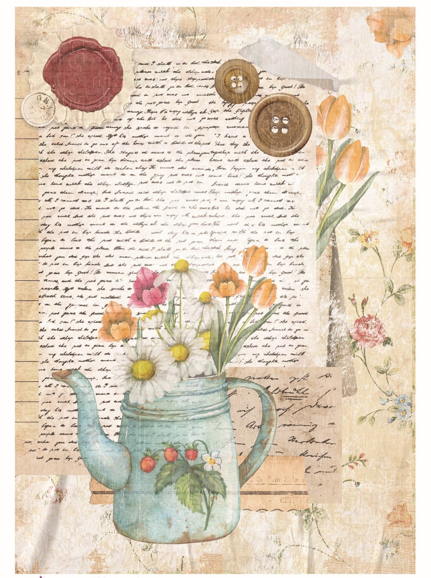 Handwritten Old Paper - Floral Decoupage - Decoupage Art - Large Size Rice Paper for Decoupage - Decoupage Crafts