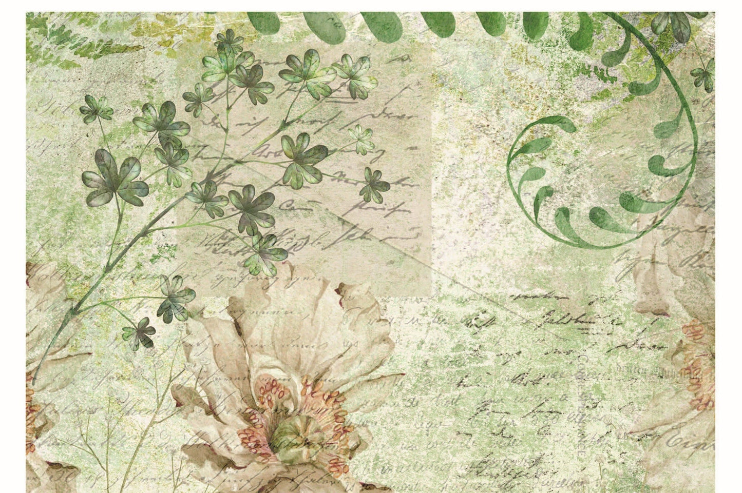 White Green Floral Decoupage - Decoupage Art - Large Size Rice Paper for Decoupage - Decoupage Crafts