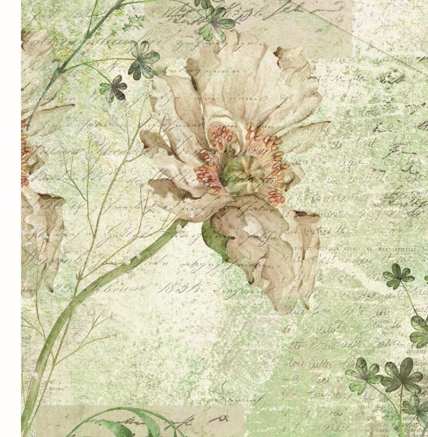 White Green Floral Decoupage - Decoupage Art - Large Size Rice Paper for Decoupage - Decoupage Crafts