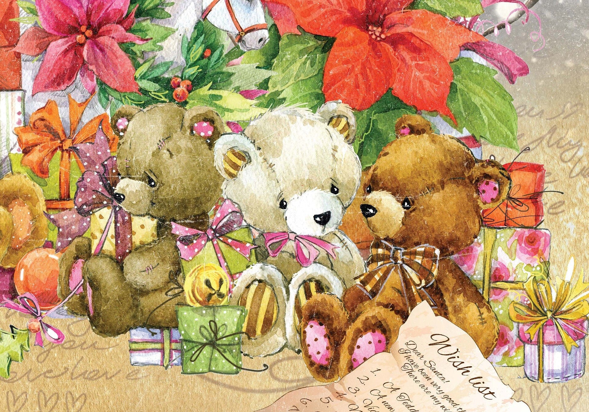 Christmas Santa Caribou - Teddy Bear - Dear Santa - Gift - Decorative Christmas Paper - Decoupage for Furniture - Large Size Options