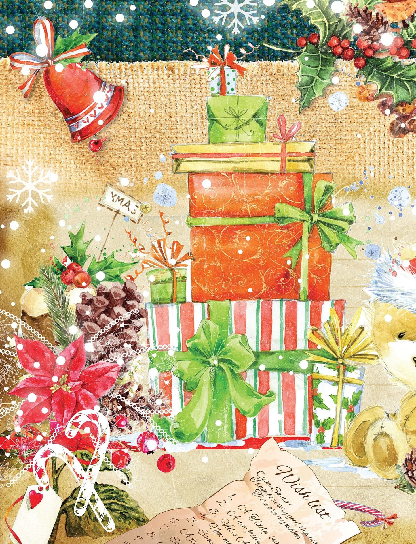 Merry Christmas - Candle - Gift Box - Bell - Teddy Bear - Decorative Christmas Paper - Decoupage for Furniture - Large Size Options