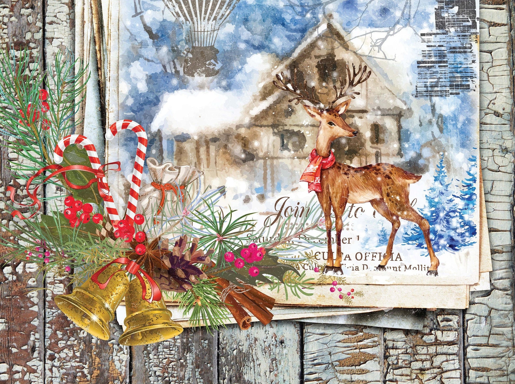 Merry Christmas - Bell - Deer - Decorative Christmas Paper - Decoupage for Furniture - Large Size Options