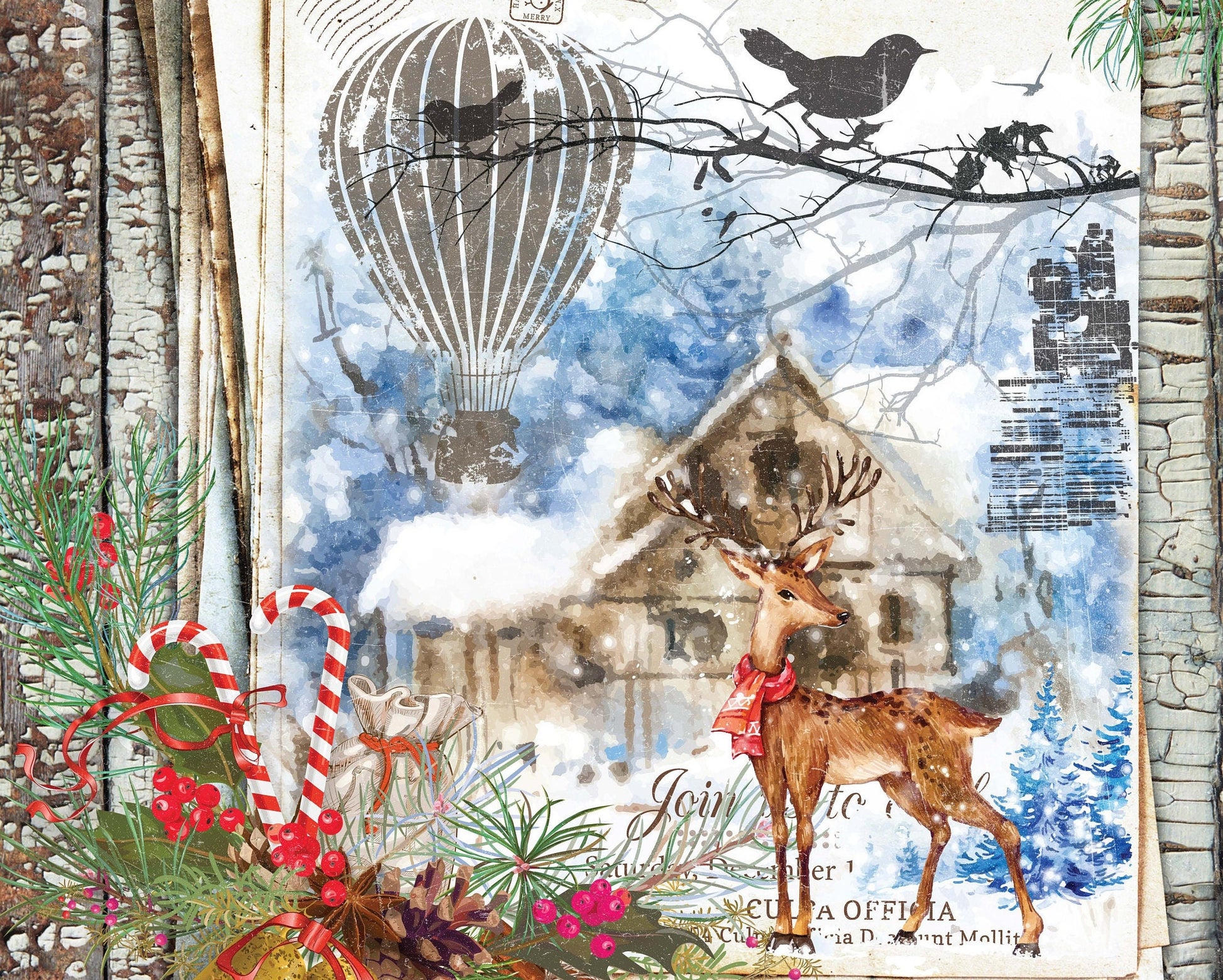 Merry Christmas - Bell - Deer - Decorative Christmas Paper - Decoupage for Furniture - Large Size Options
