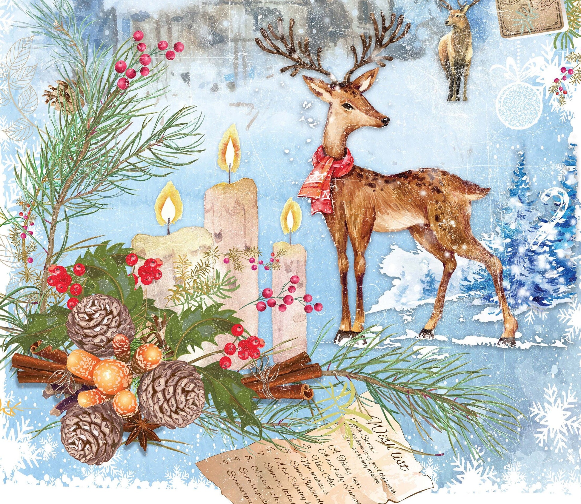 Merry Christmas - Bell - Deer - Candle - Decorative Christmas Paper - Decoupage for Furniture - Large Size Options
