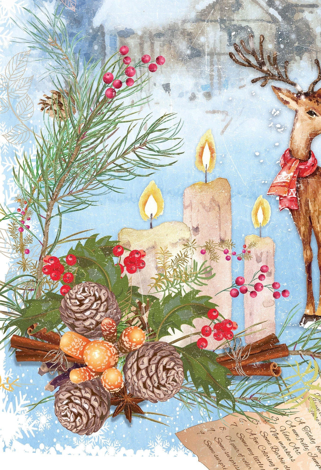 Merry Christmas - Bell - Deer - Candle - Decorative Christmas Paper - Decoupage for Furniture - Large Size Options