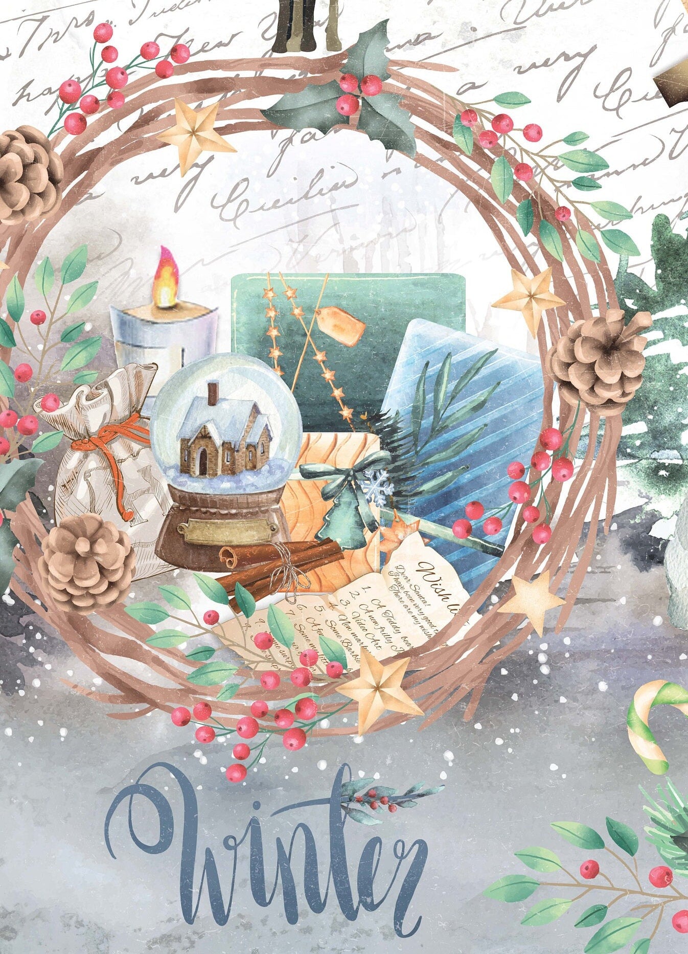 Christmas - Winter Deer - Book - Bird - Decorative Christmas Paper - Decoupage for Furniture - Large Size Options