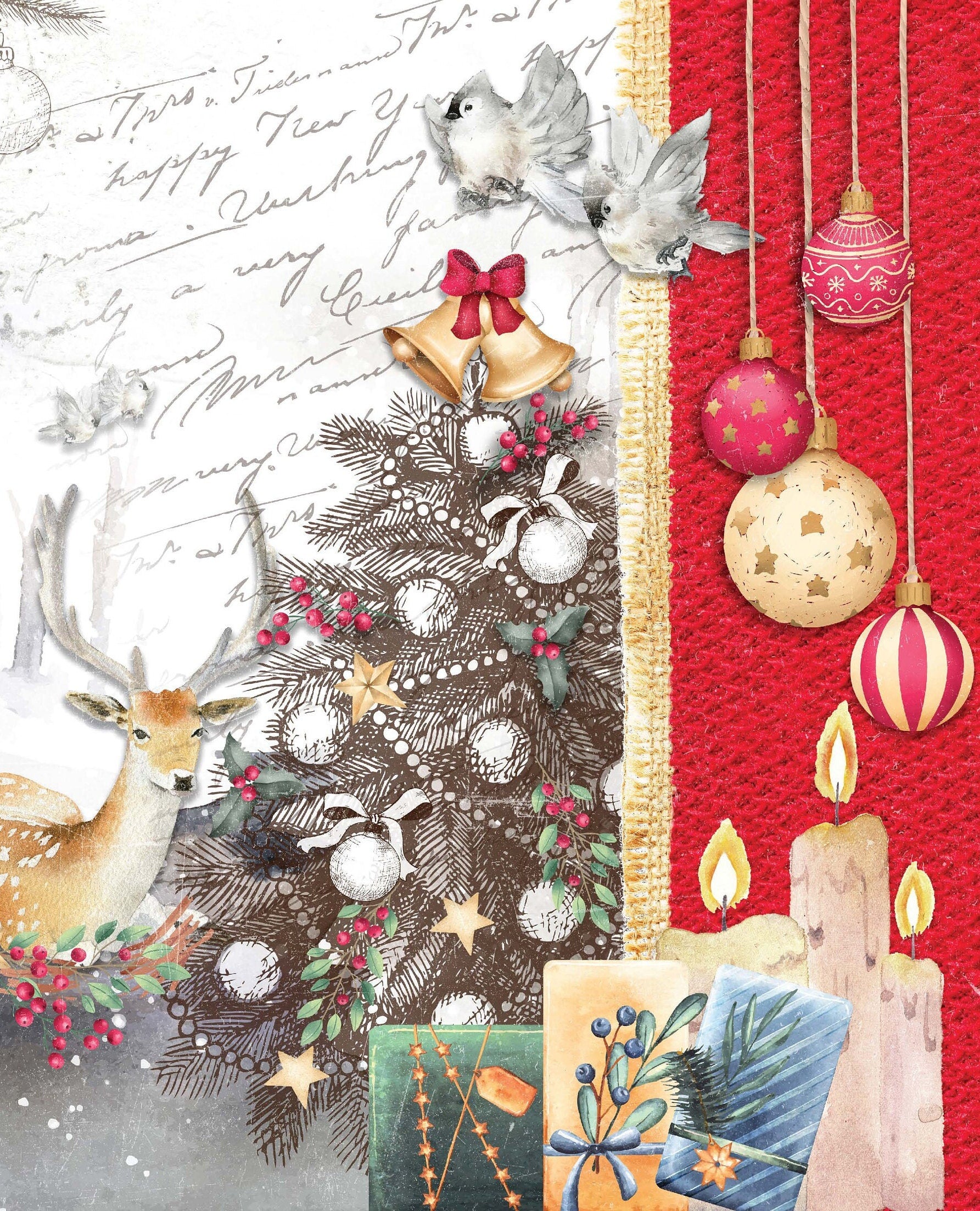 Christmas - Winter Deer - Book - Bird - Tree - Decorative Christmas Paper - Decoupage for Furniture - Large Size Options