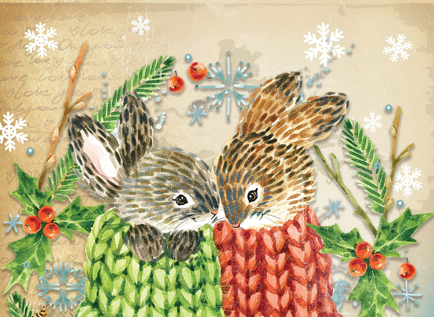 Lovely Rabbits - Merry Christmas - Decorative Christmas Paper - Decoupage for Furniture - Large Size Options