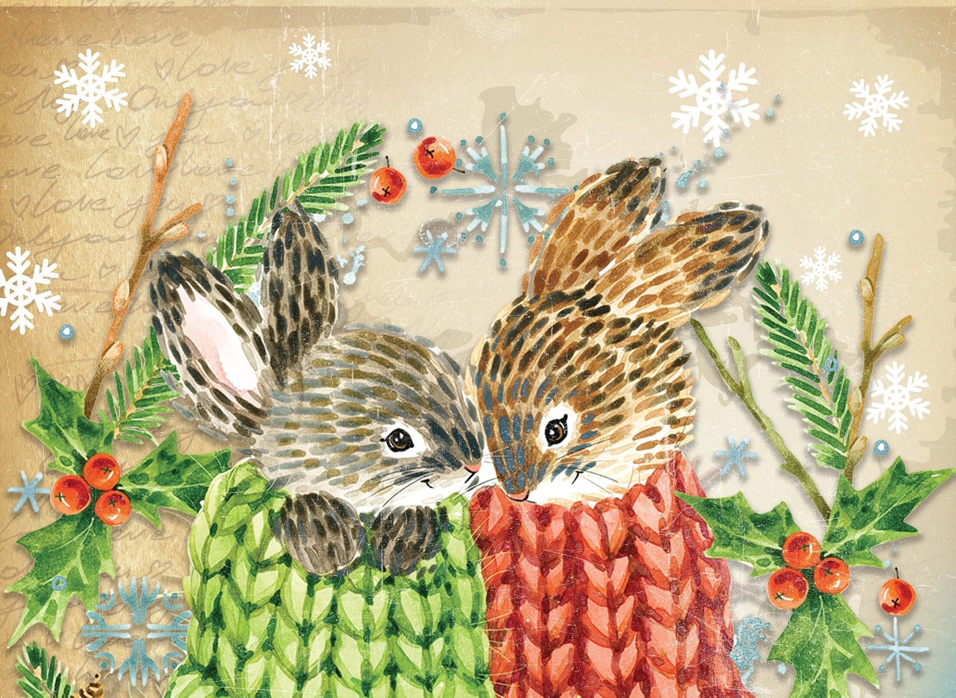 Lovely Rabbits - Merry Christmas - Decorative Christmas Paper - Decoupage for Furniture - Large Size Options