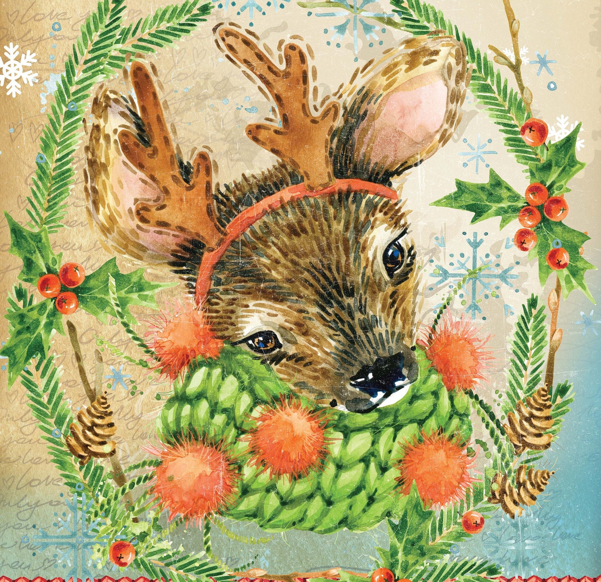 Lovely Baby Deer- Merry Christmas - Decorative Christmas Paper - Decoupage for Furniture - Large Size Rice Paper for Decoupage