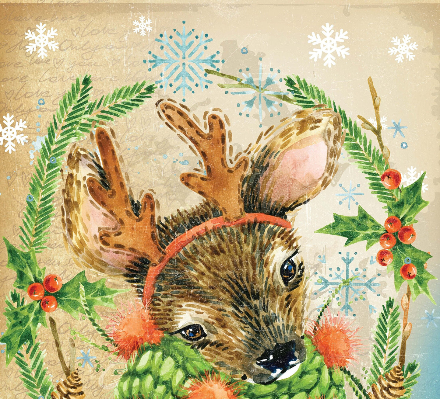 Lovely Baby Deer- Merry Christmas - Decorative Christmas Paper - Decoupage for Furniture - Large Size Rice Paper for Decoupage