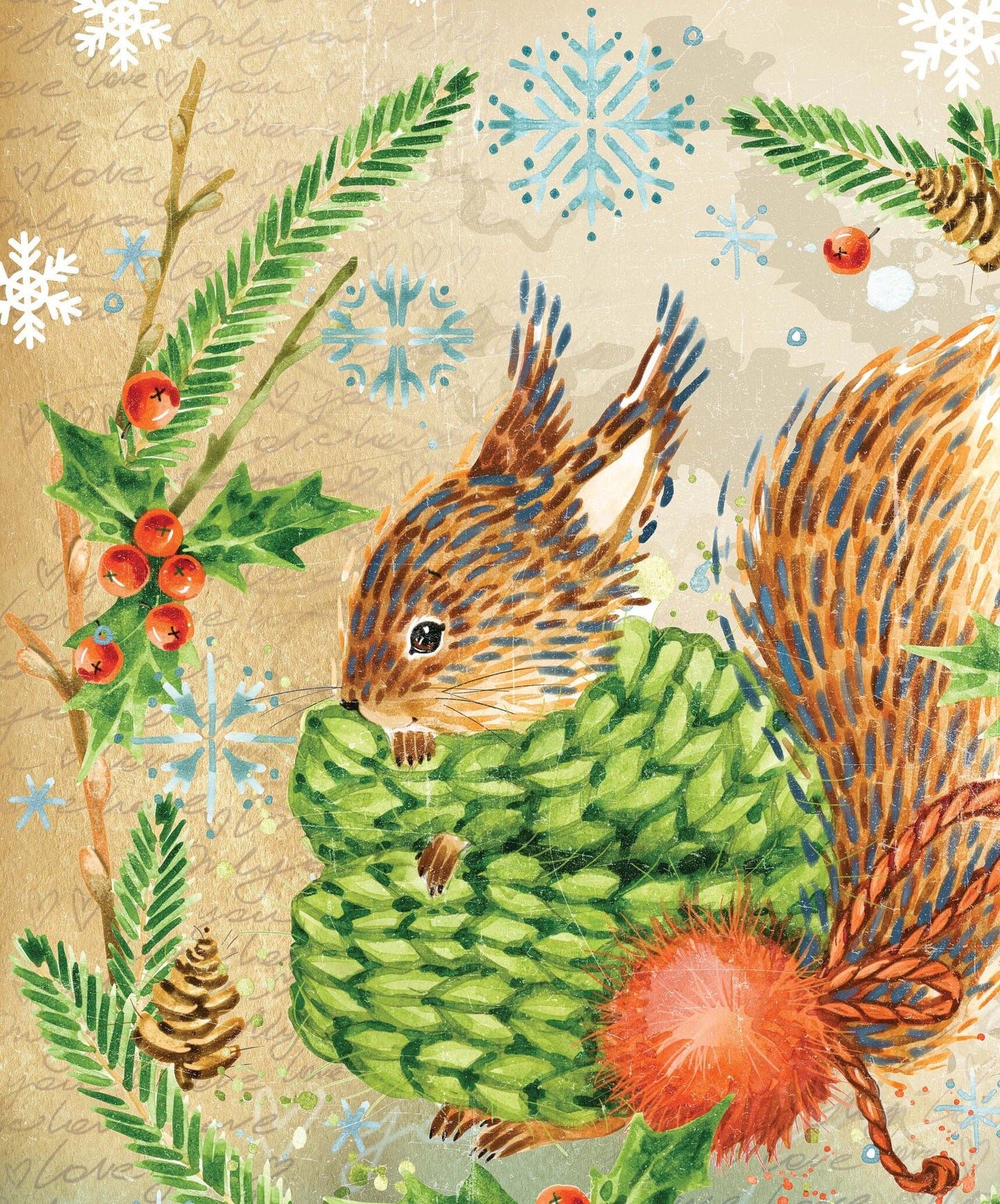 Lovely Baby Squirrel - Merry Christmas - Decorative Christmas Paper - Decoupage for Furniture - Large Size Rice Paper for Decoupage