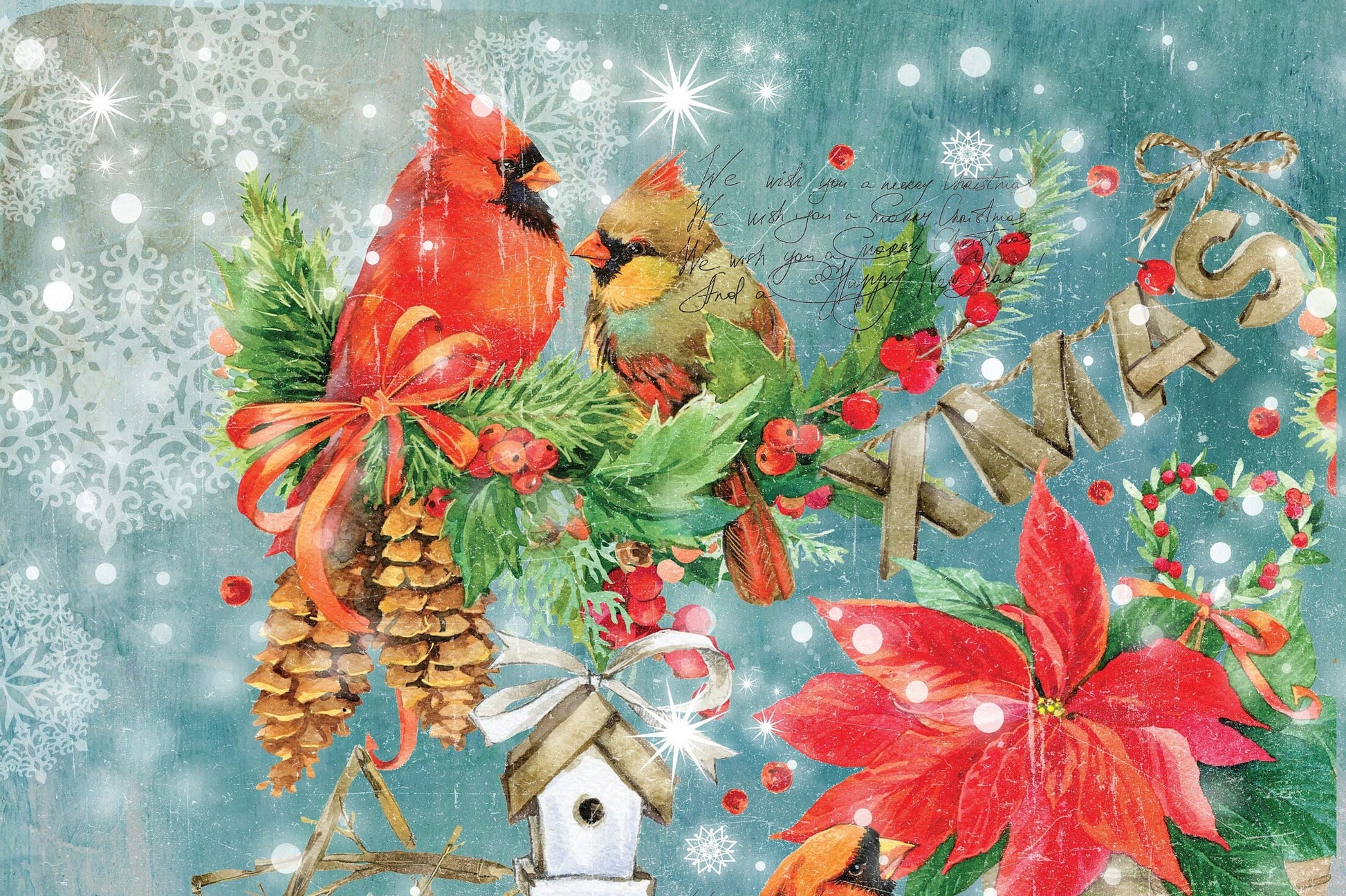 Lovely Birds - Merry Christmas - Decorative Christmas Paper - Decoupage for Furniture - Large Size Rice Paper for Decoupage