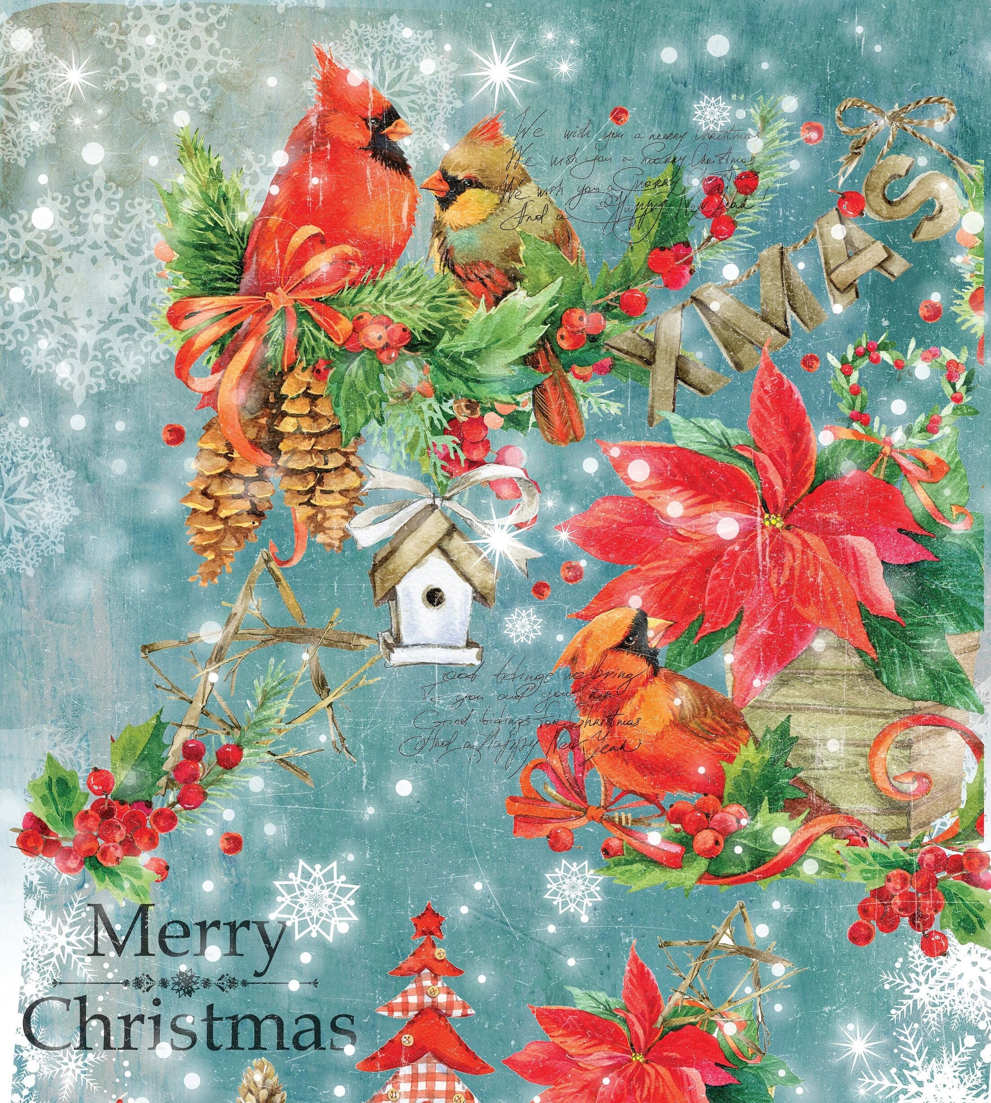 Lovely Birds - Merry Christmas - Decorative Christmas Paper - Decoupage for Furniture - Large Size Rice Paper for Decoupage
