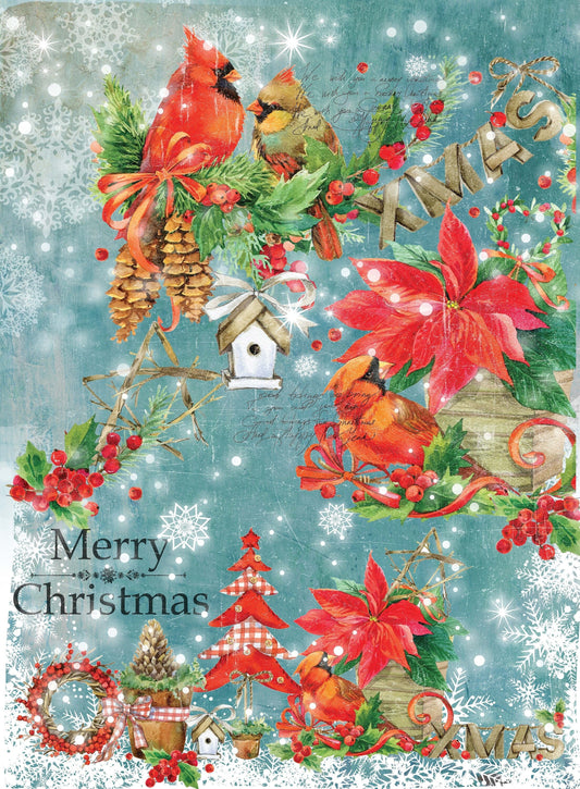 Lovely Birds - Merry Christmas - Decorative Christmas Paper - Decoupage for Furniture - Large Size Rice Paper for Decoupage