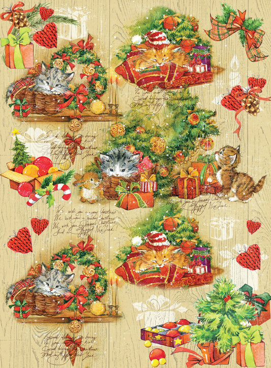 Lovely Kitten - Vintage Merry Christmas - Decorative Christmas Paper - Decoupage for Furniture - Large Size Rice Paper for Decoupage