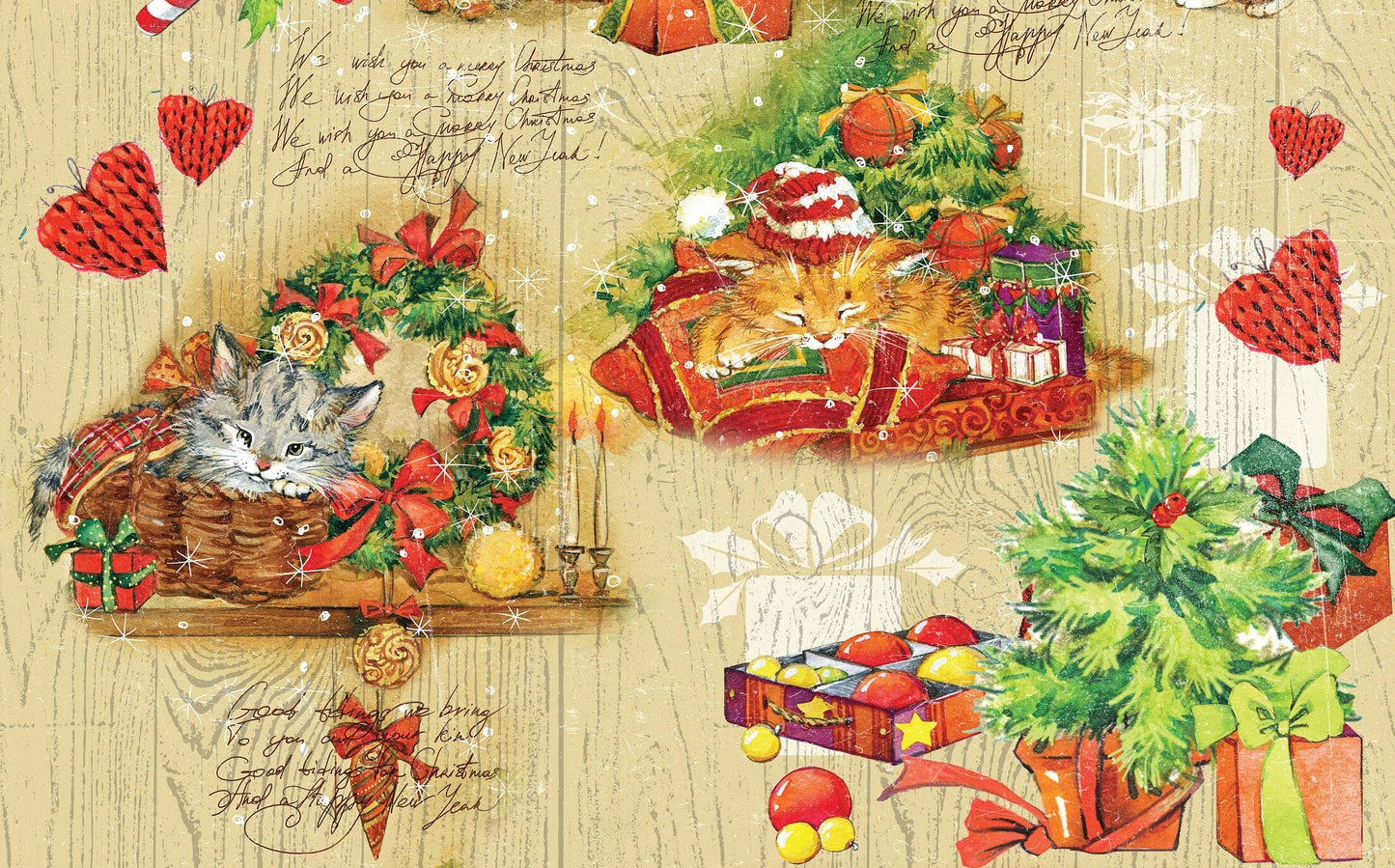 Lovely Kitten - Vintage Merry Christmas - Decorative Christmas Paper - Decoupage for Furniture - Large Size Rice Paper for Decoupage