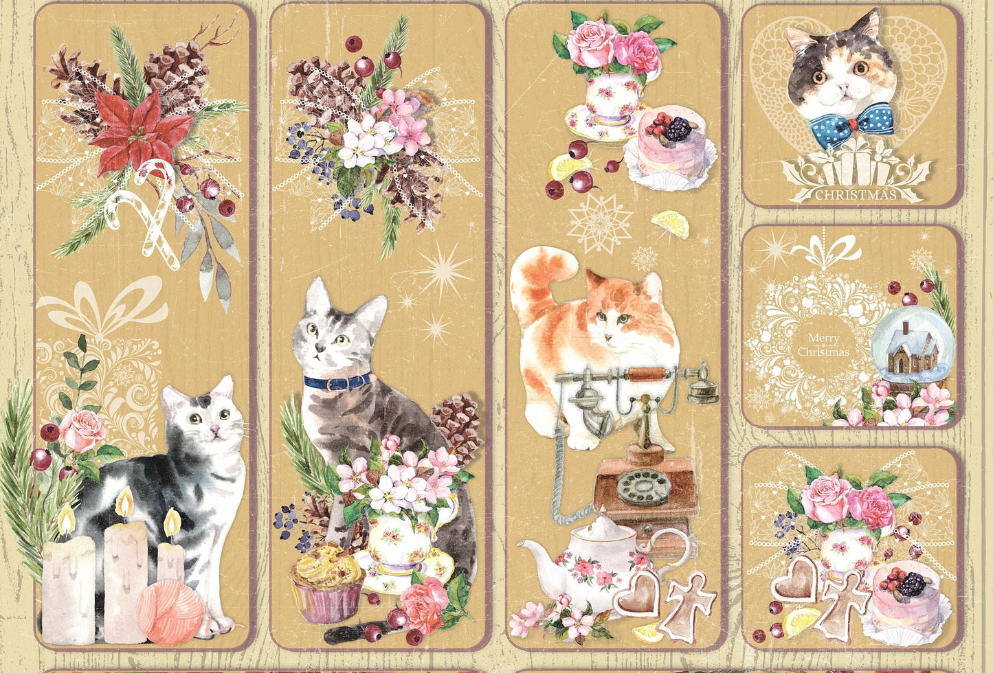 Lovely Cat - Vintage Merry Christmas - Decorative Christmas Paper - Decoupage for Furniture - Large Size Rice Paper for Decoupage