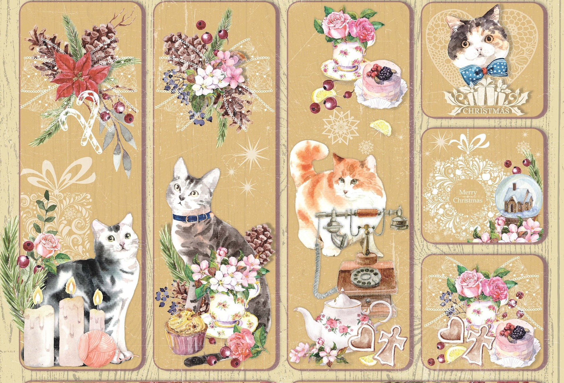 Lovely Cat - Vintage Merry Christmas - Decorative Christmas Paper - Decoupage for Furniture - Large Size Rice Paper for Decoupage
