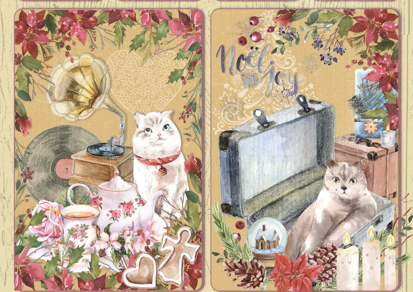 Lovely Cat - Vintage Merry Christmas - Decorative Christmas Paper - Decoupage for Furniture - Large Size Rice Paper for Decoupage
