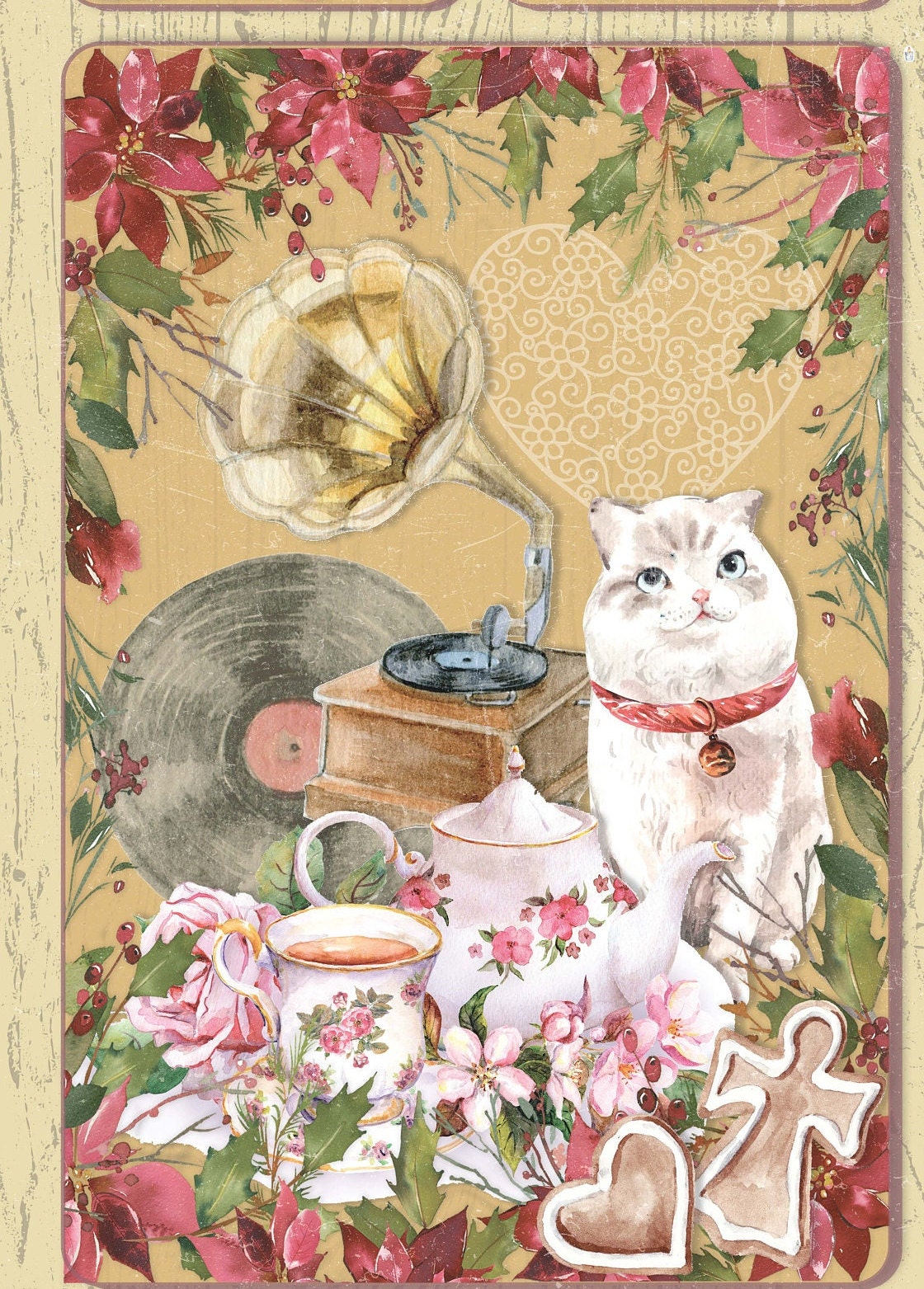 Lovely Cat - Vintage Merry Christmas - Decorative Christmas Paper - Decoupage for Furniture - Large Size Rice Paper for Decoupage