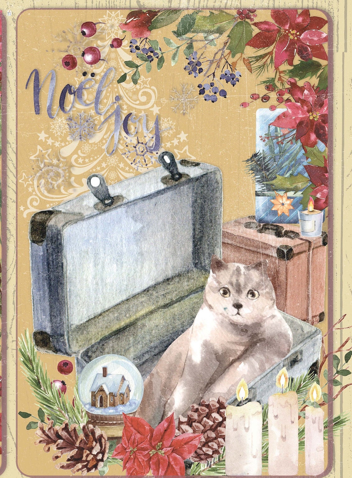 Lovely Cat - Vintage Merry Christmas - Decorative Christmas Paper - Decoupage for Furniture - Large Size Rice Paper for Decoupage