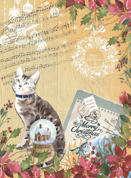 Lovely Cat - Vintage Merry Christmas - Decorative Christmas Paper - Decoupage for Furniture - Large Size Rice Paper for Decoupage