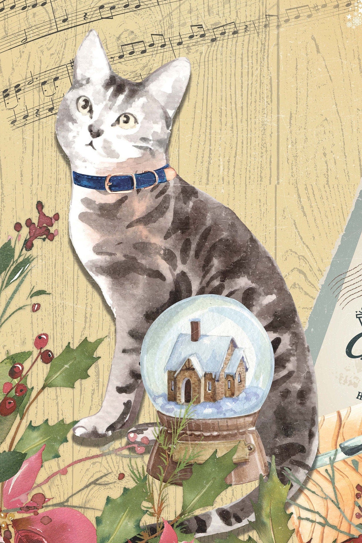 Lovely Cat - Vintage Merry Christmas - Decorative Christmas Paper - Decoupage for Furniture - Large Size Rice Paper for Decoupage